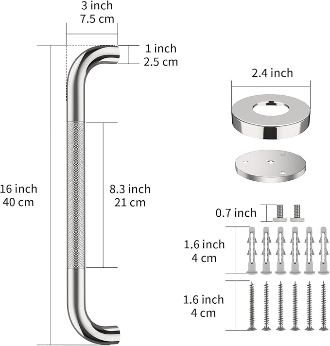 16 Inch Anti Slip Shower Grab Bar Handle, ZUEXT Chrome Finish Stainless Steel Bathroom Grab Bar, Knurled Bathroom Balance Bar,Safety Hand Rail Support,Handicap Elderly Injury Senior Assist Bath Handle