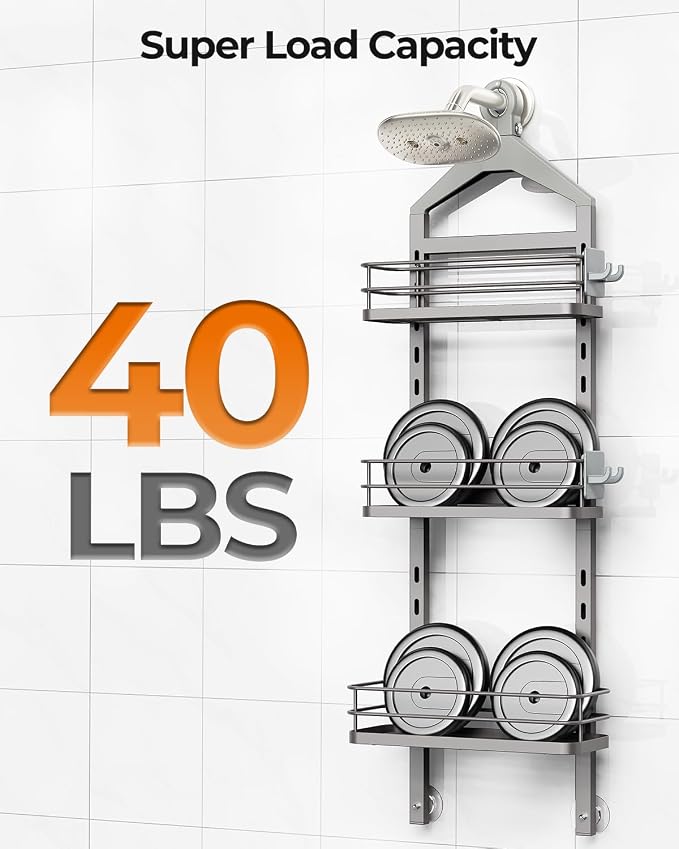 ODesign 3 Tier Height-Adjustable Shower Caddy Hanging Anti-Swing-Over The Shower Head Caddy-Showe r Storage Organizer Bathroom Shelves Basket Caddies-Grey