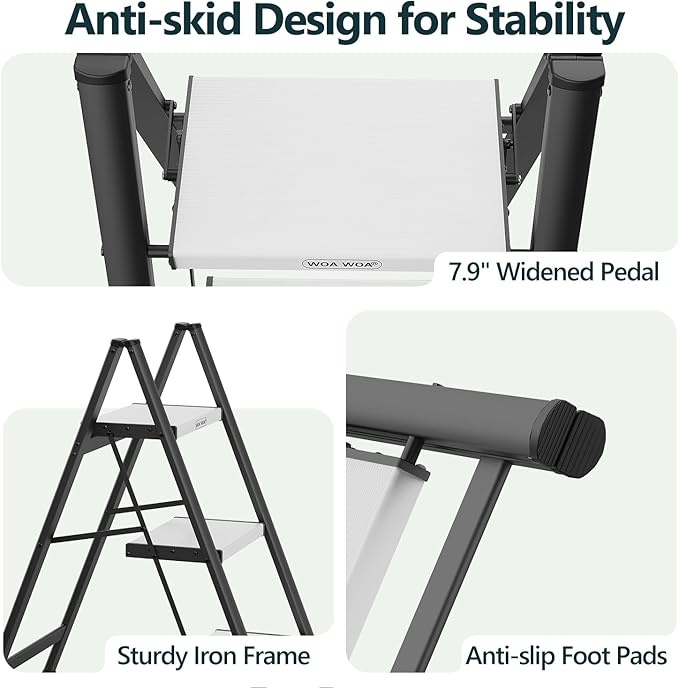 WOA WOA 3 Step Ladder, Folding Step Stool with Wide Non-Slip Aluminum Pedals, Stable and Portable, 330 lbs Capacity, for Home, Kitchen, Office - Black & White