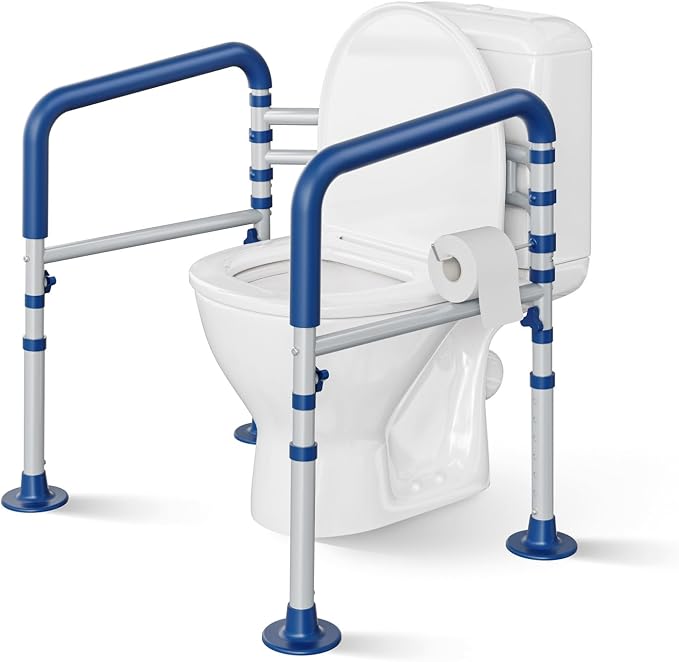Loyoda Toilet Safety Rail for Seniors, 11.7lbs Steel, Rock-Solid Stability | Height & Width Adjustable,Foldable,Padded Armrests,Wide Non-slip Foot Pads,350 lb Capacity for Pregnant Women & Disabled,Blue