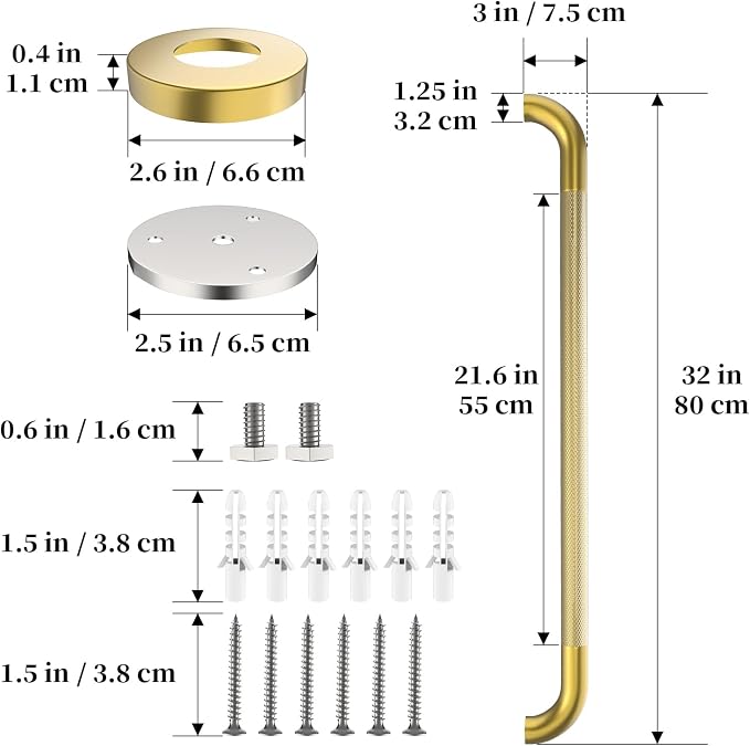 Shower Grab Bar 32 Inch, iHansee Brushed Gold Bathroom Grab Bar w/Anti-Slip Knurled Grip, Stainless Steel Bath Safety Bars Support Handrail for Senior Elderly, Toilet Bathtub Balance Handle for Wall