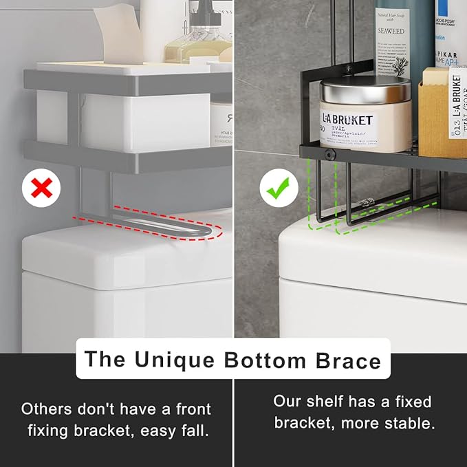 FLOLXNB Over The Toilet Storage Shelf, 3-Tier Bathroom Storage Organizer Upgrade Punch-Free Toliet Storage Shelf, Home Storage Rack with Hooks Shelf,Black