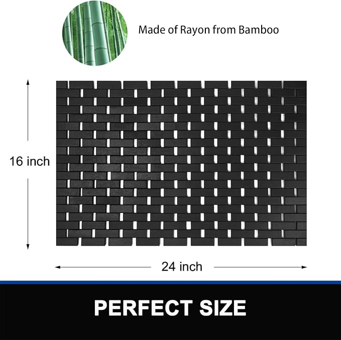 Bambo Bath Mat Bathroom Rugs Floor Wood Shower Bathtub Waterproof Non Slip Black Accessories 16x24 Inch Easy to Clean, 2 pcs