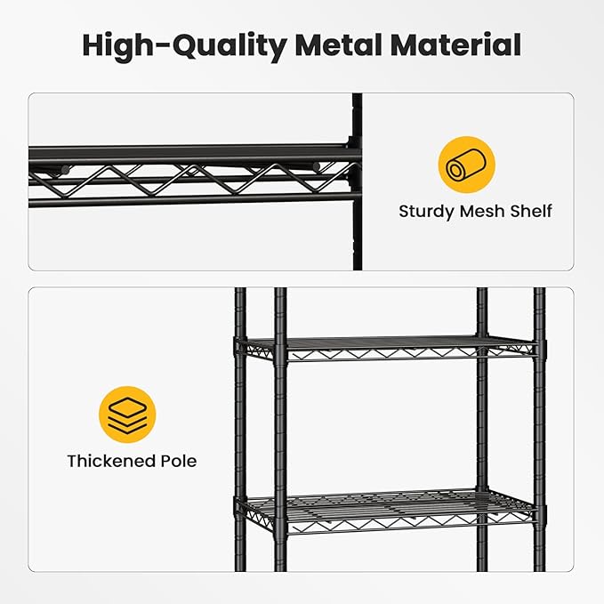 DUMOS 4-Tier Metal Wire Storage Shelves, Adjustable Standing Storage Rack Shelf with Wheels, Heavy Duty Steel Shelving Unit Organizers for Kitchen Bathroom Pantry Garage, 23.2"Wx 3.4"Dx47.1"H, Black