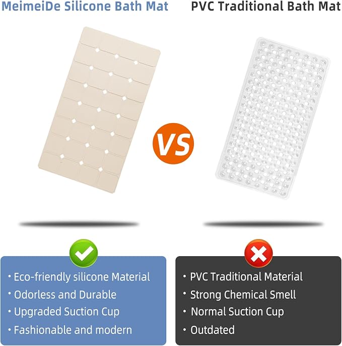 Bathtub Mat Non Slip 15" x 28" Silicone Foldable Tub Mat with Strong Suction Cups & Large Drain Holes, Durable & Eco-Friendly, for Smooth Surfaces, Ideal for Seniors, Adults Beige