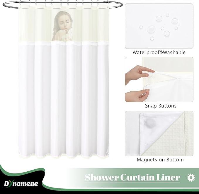 Dynamene Extra Long Shower Curtain, 84 Inch Long Waffle Fabric Shower Curtain for Bathroom, Tall Waterproof Cloth Shower Curtain Liner Set with Hook, Snap in Liner, Mesh Top Window, Cream, 72x84