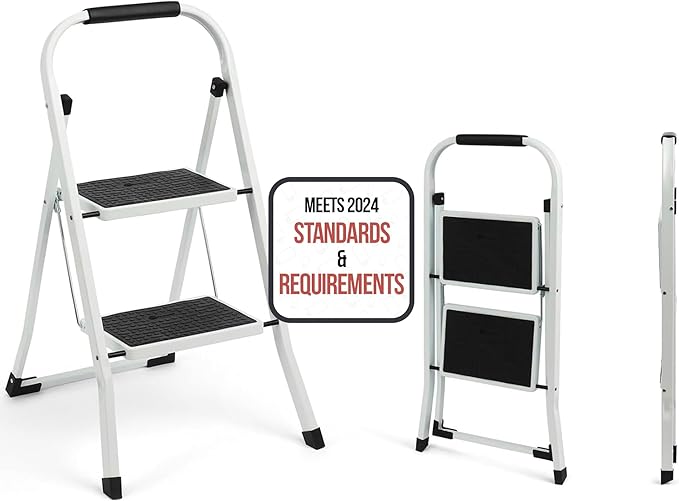 Simpli-Magic 2-Step Ladder, 350 LBS Capacity Folding Step Stool – Anti-Slip Wide Steps & Handgrip – ANSI Certified Lightweight & Durable Steel Stepping Stool for Kitchen, Home, Office & Garage