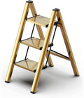 hismocal Foldable 3 Step Stool Ladder for Closet/Kitchen - Aluminium Gold Step Ladder, 330lbs Lightweight with Anti-Slip Wide Pedal, Portable for Kids/Adults