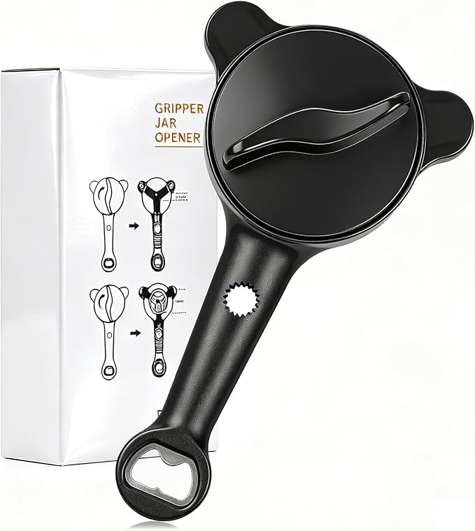 Jar Openers for Seniors, 4-in-1 Can Opener for Weak Hands & Seniors – Ergonomic Non-Slip Handle, Fits 1-3.5 Inch Kitchen Mason Jars, Bottles & Cans (Black)