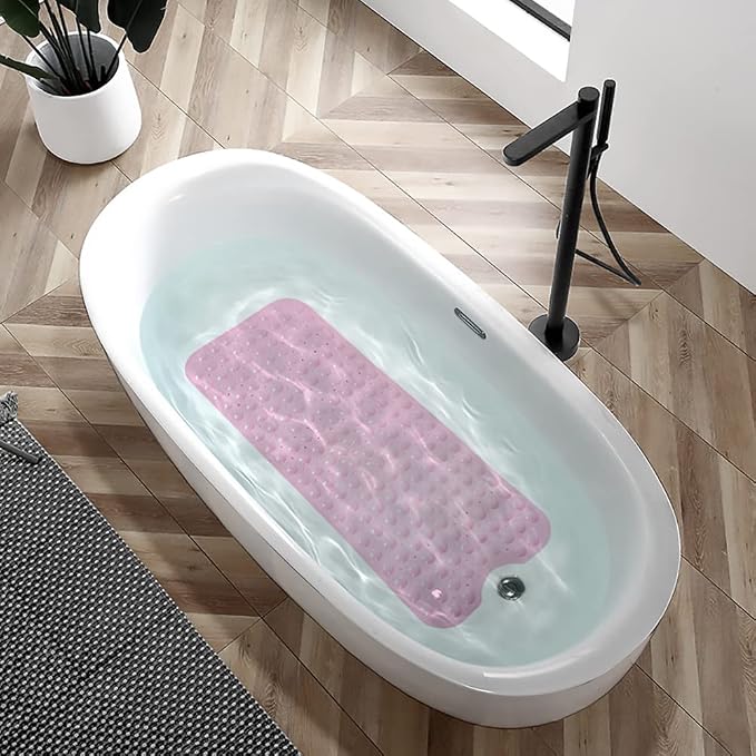 Bathtub and Shower Mats, Extra Long Non-Slip Bath Tub Mat 39 x 16 Inch, Machine Washable Bathmat with Suction Cups & Drain Holes for Bathroom Floor, Pink