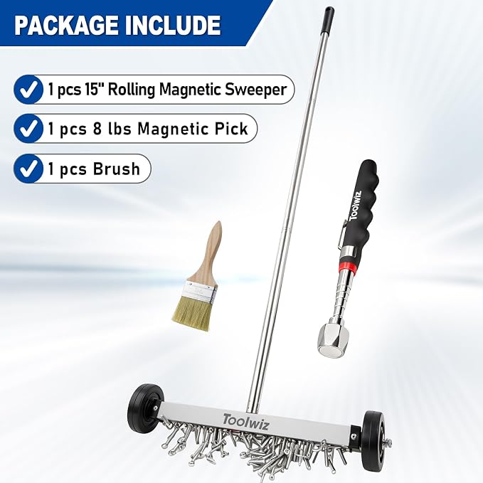 Toolwiz 15" Rolling Magnetic Sweeper 10lbs, with 16 lbs Telescopic Magnetic Pick Up tools –Lightweight Pick-up Sweeper with Wheels for Nails, Screws & Metal Debris Home Use Workshop Garage