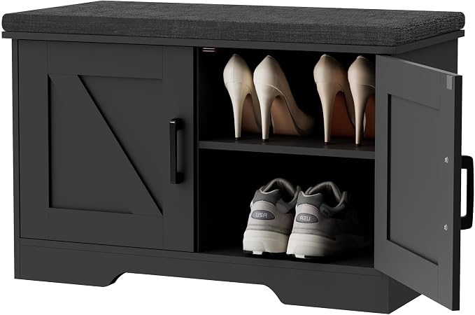 HOMSHO 2-Tier Storage Bench, 27.6" Wide Shoe Bench with Padded Seat Cushion, Entryway Bench with 2 Barn Doors and Adjustable Shelf, Black