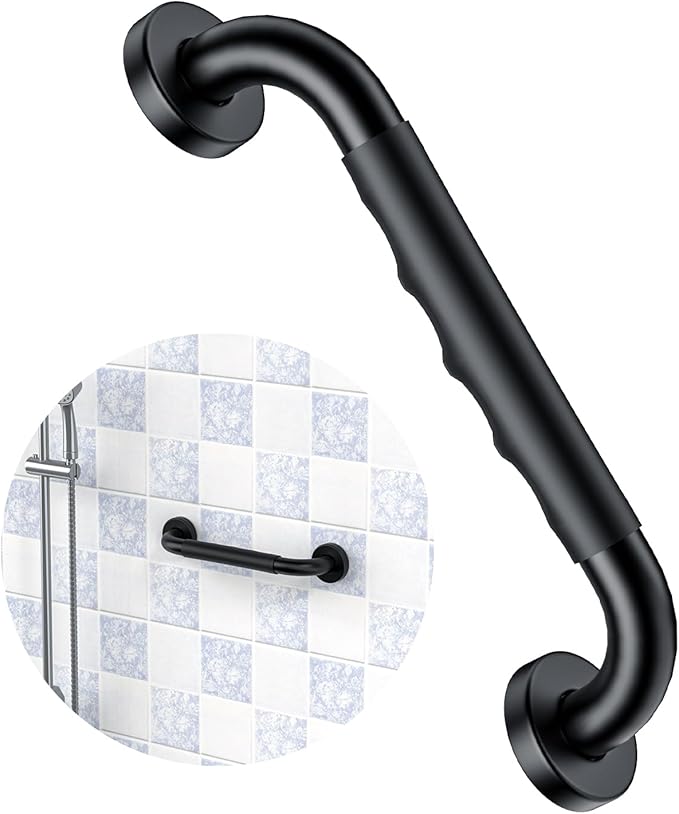 12 Inch Black Shower Grab Bar w/Anti Slip Rubber Grip, ZUEXT Stainless Steel Bath Grab Bar, Bathroom Balance Bar, Wall Mount Safety Handrail Support, Handicap Injury Elderly Senior Assist Handle