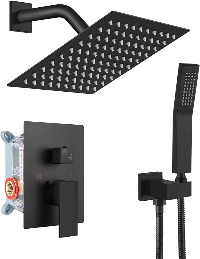 gotonovo Rainfall Bathroom Shower System Rain Shower Head and Handle Set Wall Mounted Shower Complete Combo Solid Brass Pressure Balancing Shower Mixer Valve 8 Inch Matte Black