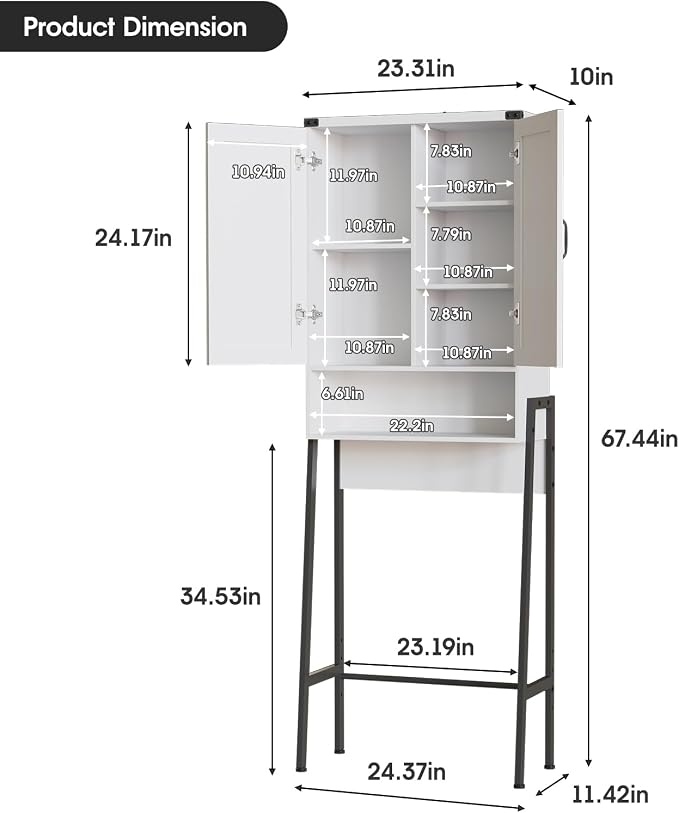 Vabches Over The Toilet Storage Cabinet with 2-Door Design Bathroom Organizers and Storage with Anti-Tip Device Over Toilet Organizer with Shelves for Bathroom,Restroom,Laundry White