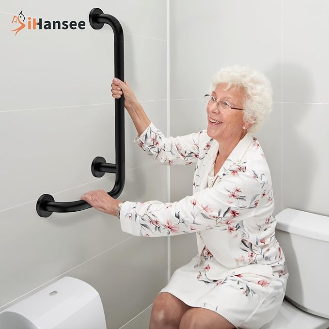 L-Shaped Angled Grab Bar 12x24 Inch Matte Black Anti-slip Knurled Shower Handles Wall Mount, 1.25" Diameter Shower Bars for Seniors Injured Balance Support, Handicap Grab Bars for Bathtubs and Showers