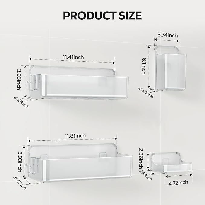 Nieifi Adhesive Wall Shelf, Shower Shelves, Shower Organizer for Bathroom Organization (A-Clear, 4 pieces)