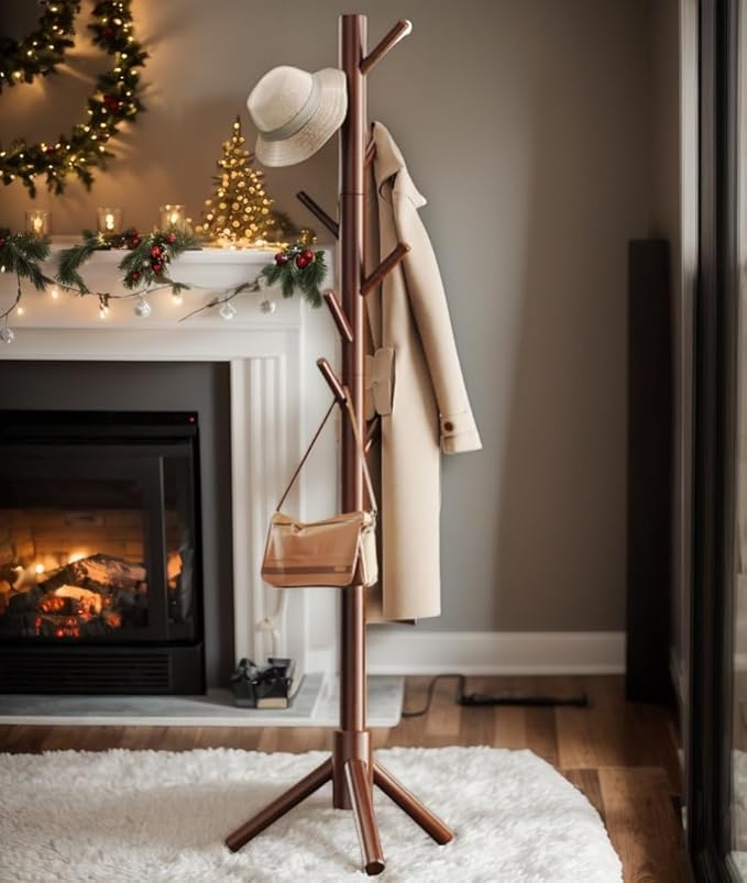 Pipishell Solid Wooden Coat Rack Freestanding, Hall Tree with 8 Hooks, 3 Height Options for Coats, Hats, Handbags, and Scarves, Tool-Free Assembly, Space Saving Design for Entryway, Office, Bedroom