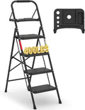 BONTEC 4-Step Ladder, 400lbs Max Load, Folding Step Stool with Tool Tray, Anti-Slip Pedals, Sturdy Steel, Lightweight Portable Ladder with Handrail for Home & Work Use, Black