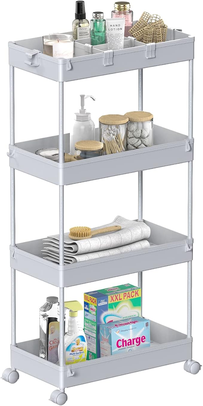 SPACELEAD 4 Tier Rolling Cart with Wheels, Storage Craft Art Trolley Organizer Serving, 3 Hanging Baskets Easy Assembly, for Office, Living Room, Kitchen