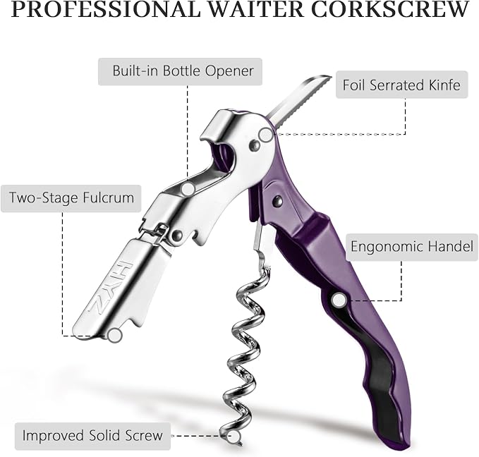 HYZ 2-Pack Wine Opener Waiter Corkscrew, Professional Wine Key for Servers, Bartender with Foil Cutter, Manual Wine Bottle Opener Double Hinged (Plum)