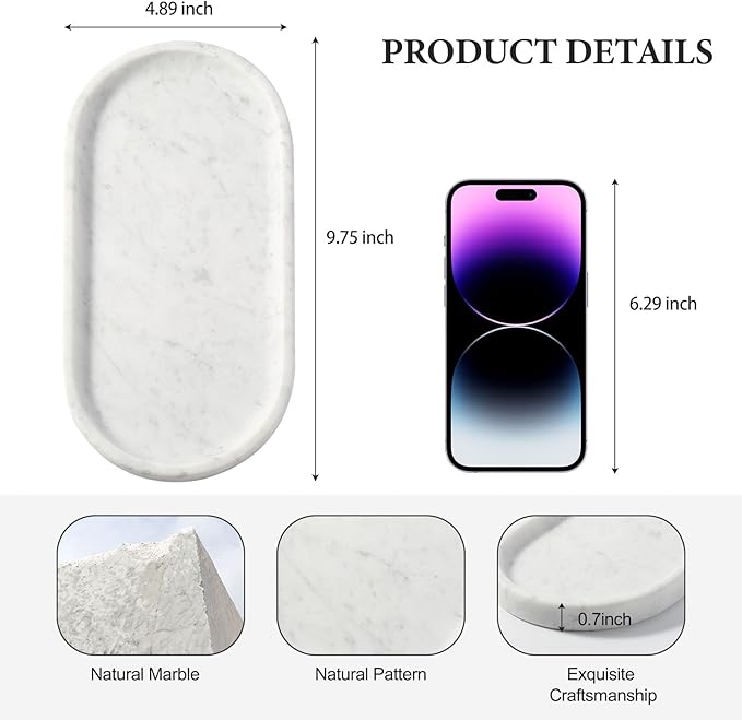 Koville Natural White Marble Tray for Home Decor, 10" x 5" Marble Vanity Tray for Bathroom Countertop Organizer Stone Trays, Catchall Tray for Perfume, Candles, Jewelry (Bianco Carrara)