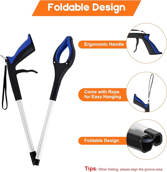 2-Pack Grabber Reacher Tool, 34" Foldable Reacher Grabber Pickup Tool with 90° Anti-Slip Rotating Jaw & Magnets, 4" Wide Claw Opening Reachers for Seniors, Trash Picker Tool