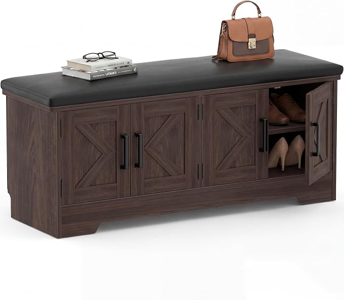 Farmhouse Shoe Storage Bench with Cushion - 43.3" Entryway Bench with Storage & 4 Barn Doors, 2-Tier Wooden Shoe Rack Bench, Shoe Cabinet & Mudroom Bench for Bedroom Hallway Living Room, Black Walnut