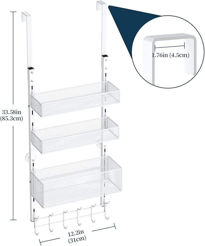 Consumest Over The Door Hooks Organizer - 4 Tier Door Coat Rack with 3 Baskets & 12 Hooks, Stainless Steel Towel Hanger for Bedroom, Bathroom, Living Room, White