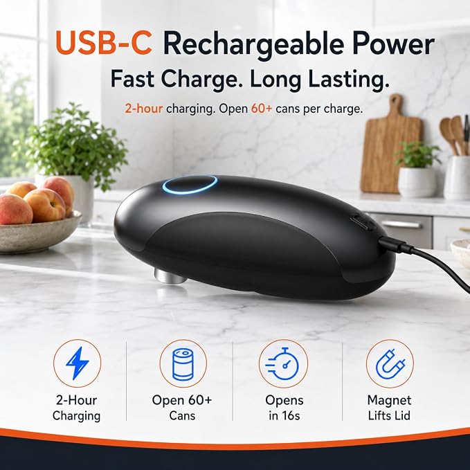Rechargeable Electric Can Opener for Seniors & Arthritis, Automatic One-Touch Operation, Smooth Edge Cutting with Auto Stop & Magnetic Lid Lifter, Hands-Free, USB-C, Compact, Black