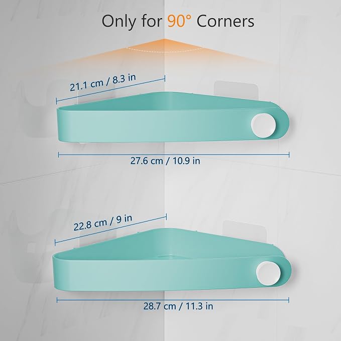 Sotfamily Plastic Shower Caddy Corner (for 90° Only), 2 Pack Adhesive Corner Shower Shelves for Bathroom Organizers and Storage, Turquoise