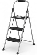 DIAMONDFORGE 3 Step Ladder, Folding Step Stool with Wide Anti-Slip Pedal, Soft Grip Handle, Non-Slip Feet, Sturdy Steel Construction, 900 lbs Capacity Steel Ladder for Home and Office, Grey