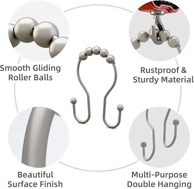 Bathway Shower Curtain Hooks Rust Proof Shower Curtain Rings, Smooth Glide Double Hook Shower Curtain Hooks,Shower Hooks for Shower Curtain Matte Nickel Shower Rod Hooks Shower Curtain Hangers 12Pcs