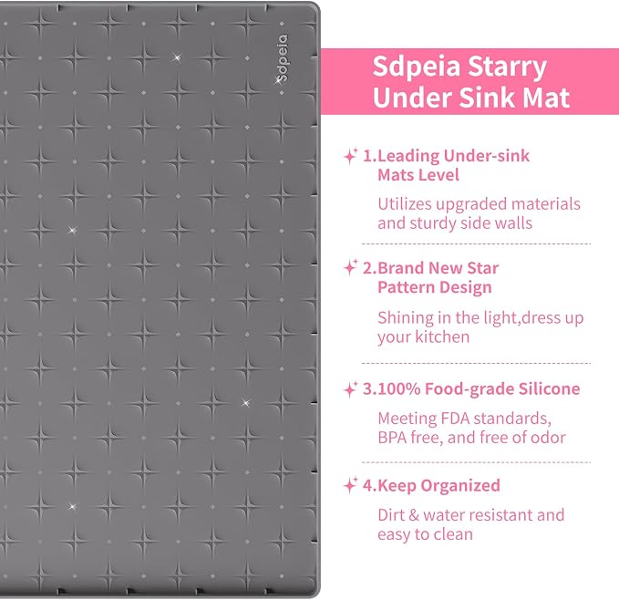 Sdpeia Under Sink Mat 22"×22" Waterproof Silicone Cabinet Liner & Sink Protector for Kitchen & Bathroom, Multi-Purpose Organizers Tray for Pets, Laundry, Cat Litter Mat,Gray