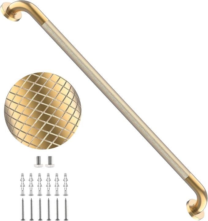 36 Inch Brushed Gold Grab Bars for Shower with Anti-Slip Knurled Grip,YuanDe Stainless Steel Bathroom Grab Bars, Shower Handrail Support, Handicap Elderly Balance Assist Handles