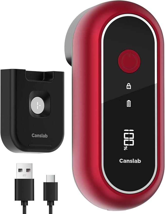 Canslab Turbo - Auto Shut Off Rechargeable Electric Can Openers - LED Battery Display USB Automatic Can Openerfor Kitchen for Seniors with Arthritis - One Touch Side Cut Can Opener Smooth Edge, Red