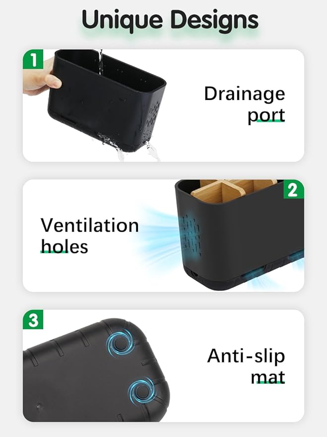 GFWARE Black Toothbrush Holder, Bamboo Toothbrush and Toothpaste Holder with Drainage, Electric Kids Matte Black Toothbrush Holders Set Organizer for Bathrooms Countertop Accessories Storage