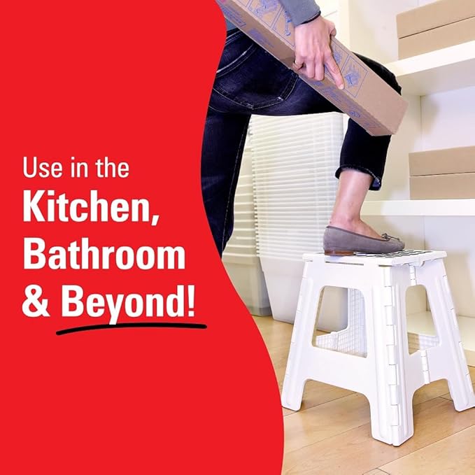 Kikkerland Rhino Foldable Step Stool – Holds Adults up to 300 Lbs, Best for Kitchen & Bathroom – Collapsible, Portable, Lightweight Stepping Stool with Sturdy, Non-Slip Design – White, 15”