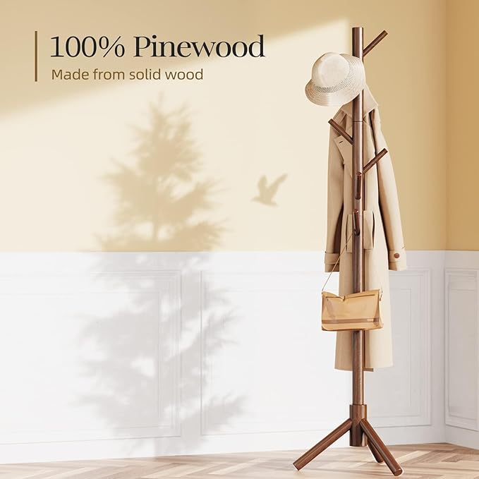 Pipishell Solid Wooden Coat Rack Freestanding, Hall Tree with 8 Hooks, 3 Height Options for Coats, Hats, Handbags, and Scarves, Tool-Free Assembly, Space Saving Design for Entryway, Office, Bedroom