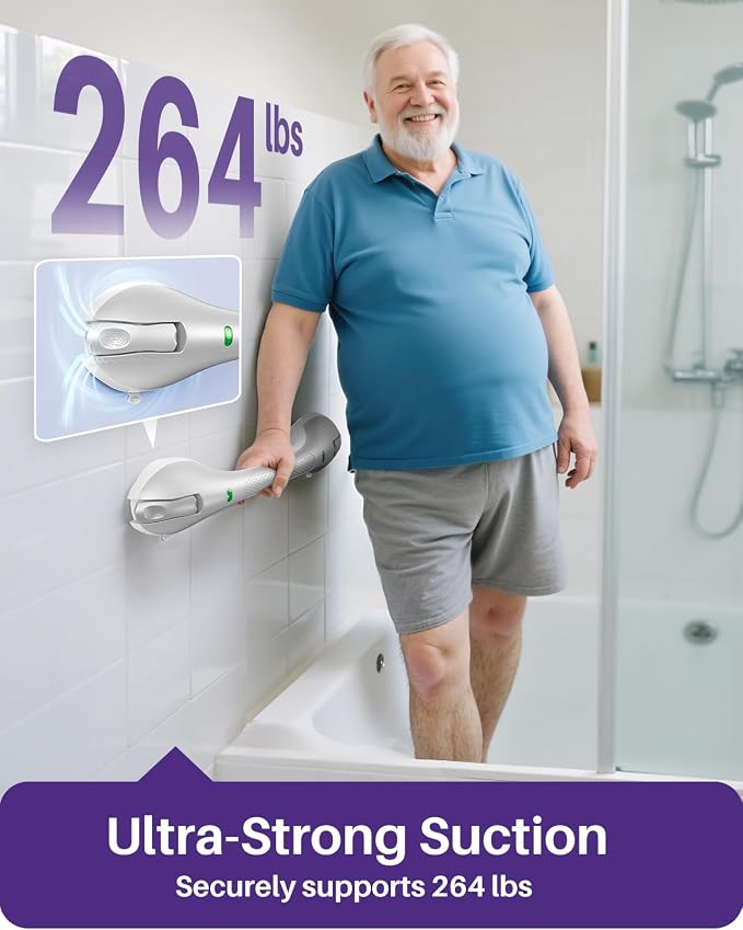 KEKOY 17.5 Inch Suction Grab Bars for Bathtubs & Showers with Indicator 2 Pack- Heavy Duty Safety Shower Handle for Seniors and Elderly, Handicap Bars for Bathroom, No Drilling, Silver