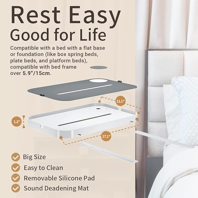 KIWIFOTOS 17" Bedside Shelf for Bed Bedside Table Under Mattress Nightstand Organizer Bedside Storage Rack Bedside Tray for Box Spring/Plate/Platform/Dorm Bed