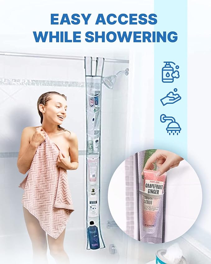 Skywin 7 Pockets Hanging Shower Curtain Liner Caddy 60 x 6 Inches (2 Pack) - 100% Polyester Mesh Shower Caddy Hanging - Shower Organizer for Shower Rod or Door with Adjustable Velcro Strap