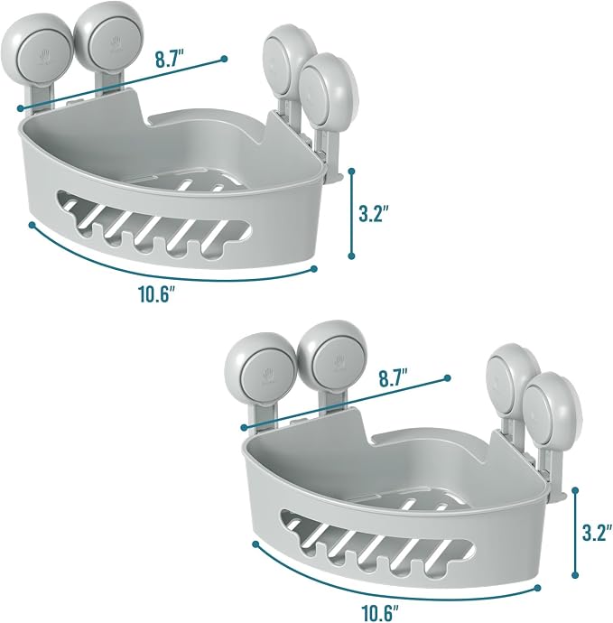TAILI Corner Shower Caddy Organizer, Plastic Shower Caddy Suction Cup Bathroom Organizer Storage Basket Wall Mounted Organizers For Shampoo, Conditioner, Drill-Free Removable (2 Pack)