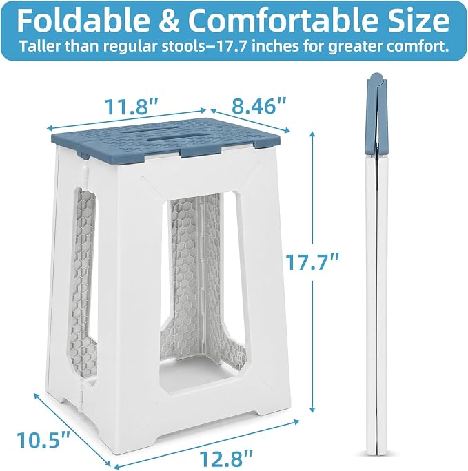 neotidy Foldable Stool Chair, 17.7” Tall Folding Seat for Adults up to 400 lb, Heavy-Duty Plastic Foldable Stool for Sitting, Portable Compact Folding Chair for Home Outdoor Camping, Blue