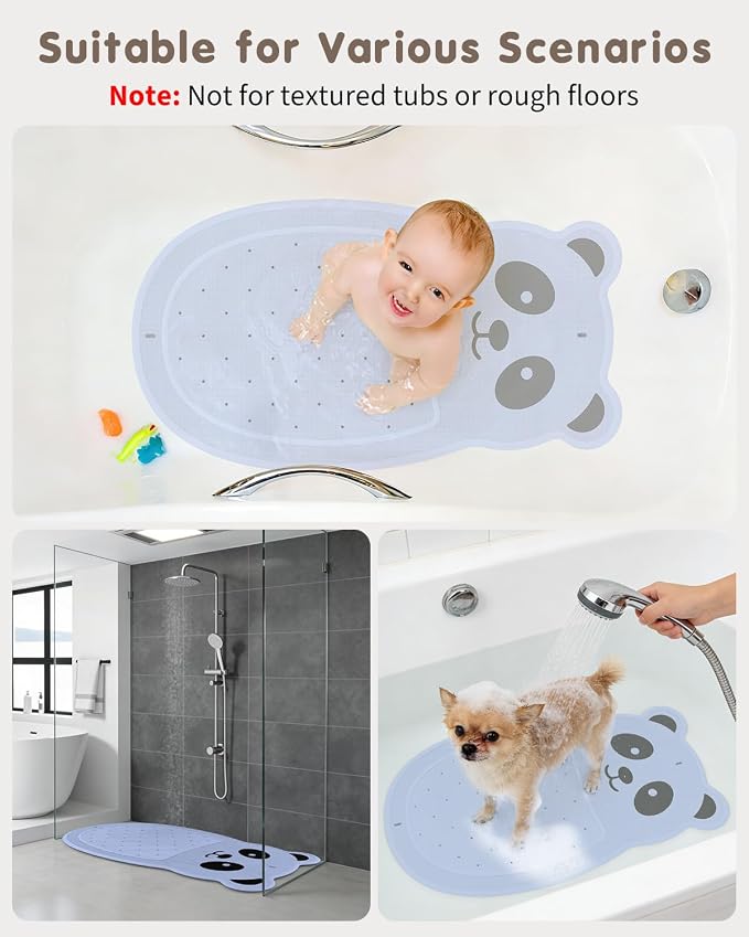 Panda Bathtub Mat Non Slip Kids Natural Rubber Low Odor, Bath Mat for Tub Non Slip for Baby 32"x18", Anti-Slip Surface and Strong Suction Cups Dual Anti-Slip, Machine Washable, Blue