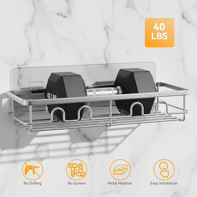 Adhesive Shower Caddy, Large Capacity Shower Racks for Inside Shower, No Drill Bathroom Shower Organizer and Storage, 2 Pack Silver Bathroom Shelves, Home Decor Rv Accessories, Apartment