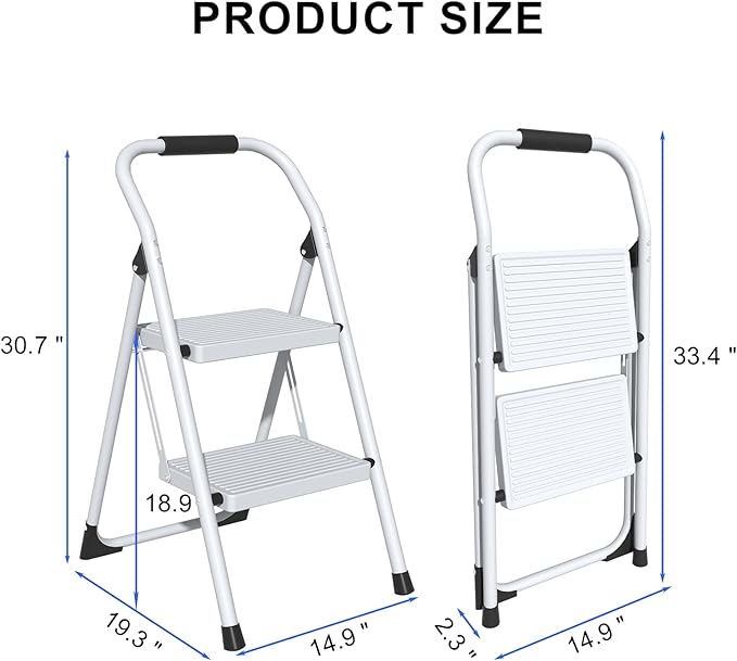 2 Step Ladder for Kitchen Step Stool, Lightweight Folding Step Stool with Curved Safety Handrail, Auto-Lock Mechanism & Non-Slip Wide Pedals, Slim 2 Step Ladder Foldable for Home Indoor（White）