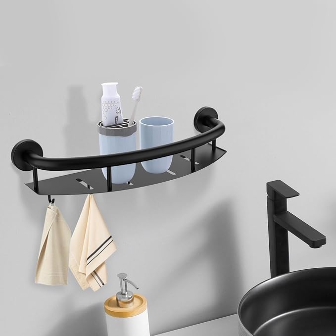 Munzong 18 Inch Shower Grab Bar w/Storage Shelf, Black Stainless Steel 2 in 1 Bathroom Balance Bar, Safety Hand Rail Support Senior Assist Bath Handle