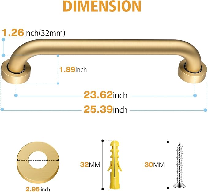 Shower Grab Bar,23.4 Inch Anti Slip Brushed Gold Stainless Steel Grab Bars for Bathtubs and Showers, Bathroom Grab Bar,Safety Shower Handle,Handicap Elderly Injury Senior Assist Bath Handle