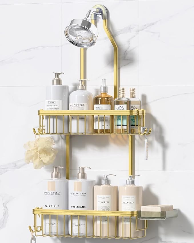 YASONIC Never Rust Shower Caddy Hanging, Aluminum Shower Racks for Inside Shower, 2-Tier Shower Organizer Hanging Over Shower Head with Hooks and Soap Holder, Gold